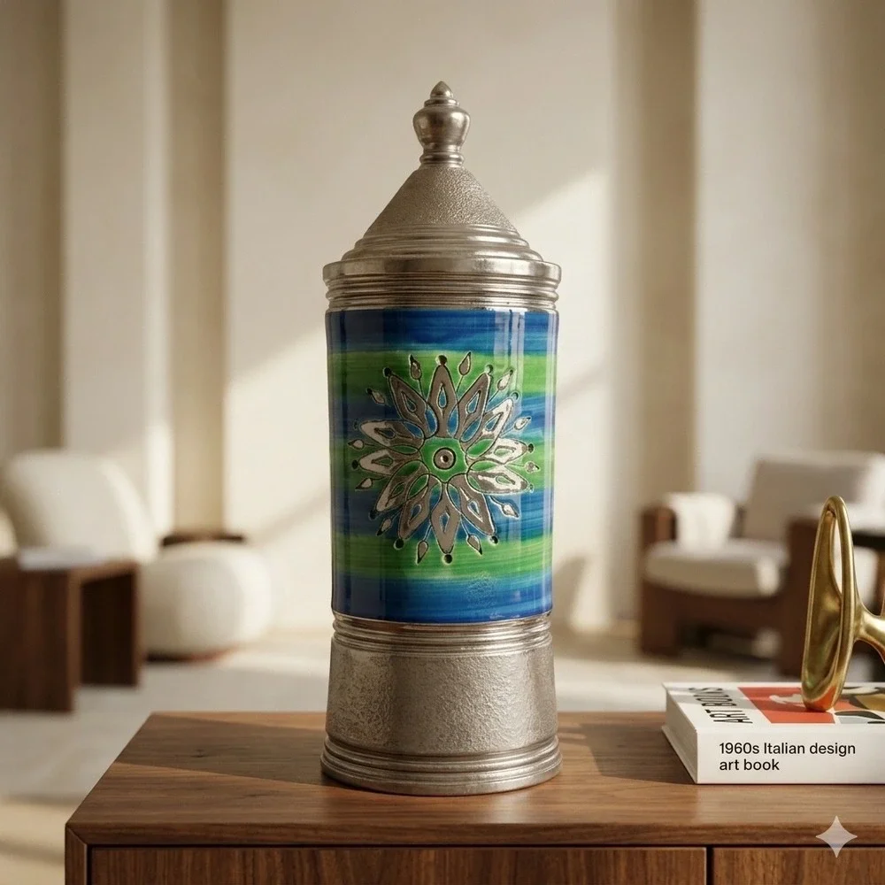 Bitossi Italy Blue Green Sgraffito Sun Canister Jar with Lid HTF